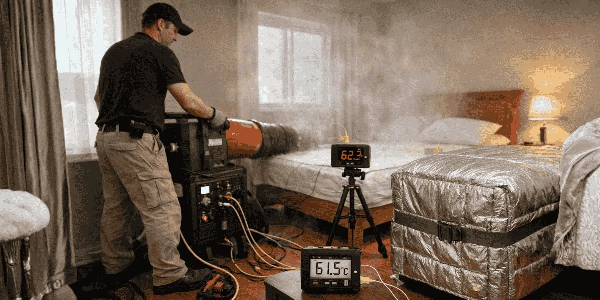 Tecnico specializzato durante un trattamento di disinfestazione con calore in una camera da letto, con riscaldatore professionale e sensori di temperatura per il controllo termico.