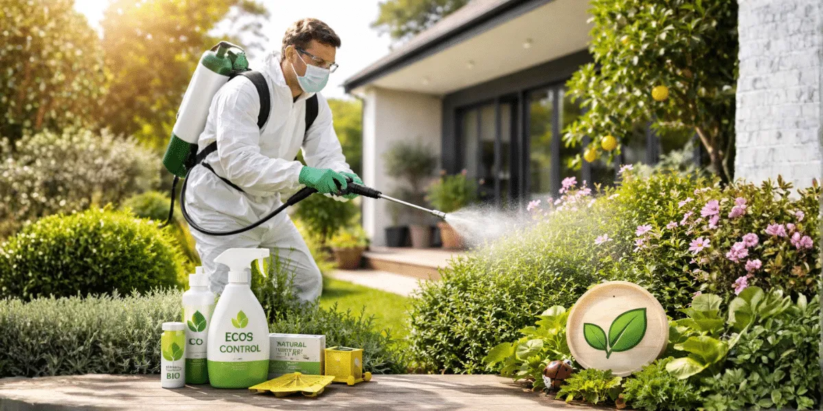 Disinfestazione ecologica in giardino con operatore professionale che utilizza trattamenti a basso impatto ambientale