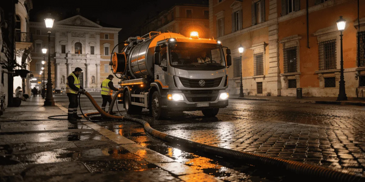 Autospurgo in intervento notturno per emergenza fognaria su strada urbana