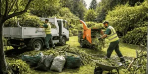 Operatori specializzati durante lo smaltimento professionale di rifiuti da giardinaggio con triturazione di rami e carico su camion autorizzato